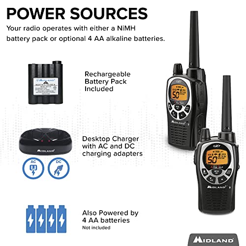Midland GXT1000VP4 - 50 Channel GMRS Two-Way Radio - Long Range Walkie Talkie with 142 Privacy Codes, SOS Siren, and NOAA Weather Alerts and Weather Scan (Black/Silver, Pair Pack)