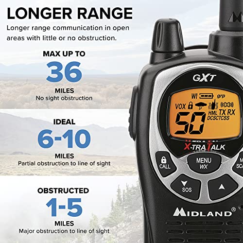Midland GXT1000VP4 - 50 Channel GMRS Two-Way Radio - Long Range Walkie Talkie with 142 Privacy Codes, SOS Siren, and NOAA Weather Alerts and Weather Scan (Black/Silver, Pair Pack)