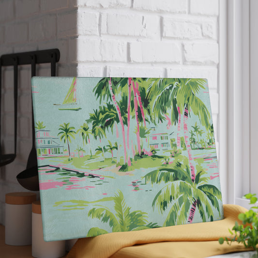 Preppy Tropical Villa Glass Cutting Board