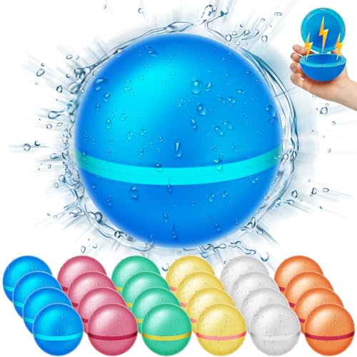24 PCS Reusable Water Balloons Water Balls,Bbiodegradable Water Balloons,Soft Silicone Water Balloons Self Sealing Quick Fill Summer Games for Kids Outside,Summer Fun Party Gift