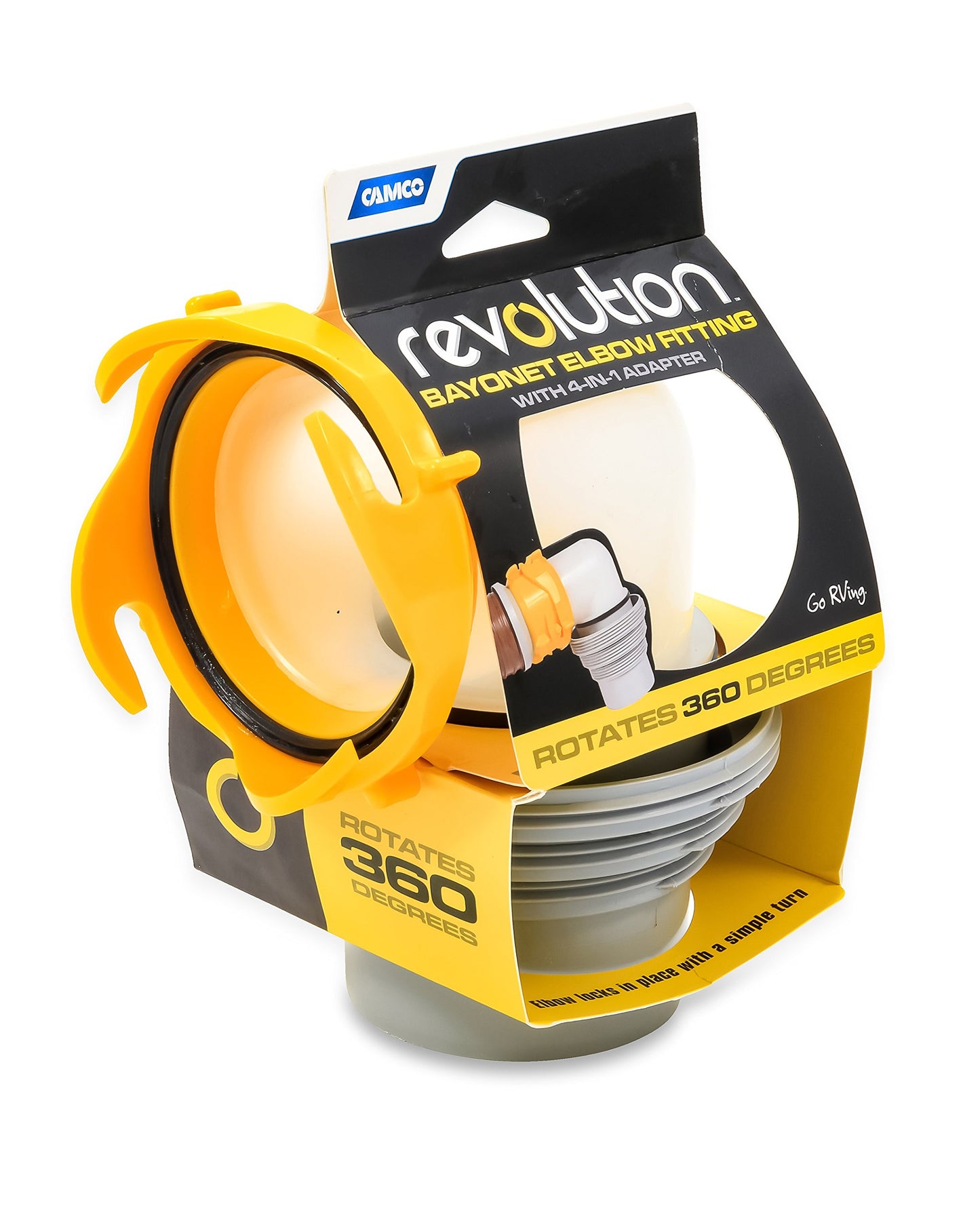 Camco Revolution RV Sewer Hose Bayonet Elbow | Features a Built-In Gasket for an Odor-Tight Connection, a 360-Degree Swivel for Easy Install, and Includes a 4-in-1 Adapter (39471)