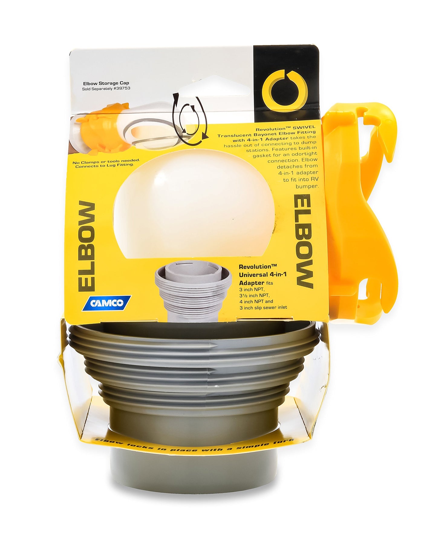 Camco Revolution RV Sewer Hose Bayonet Elbow | Features a Built-In Gasket for an Odor-Tight Connection, a 360-Degree Swivel for Easy Install, and Includes a 4-in-1 Adapter (39471)
