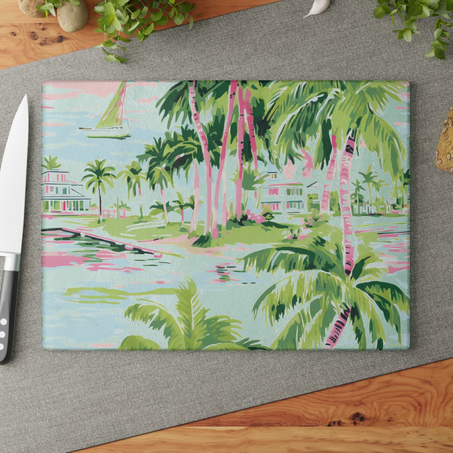 Preppy Tropical Villa Glass Cutting Board