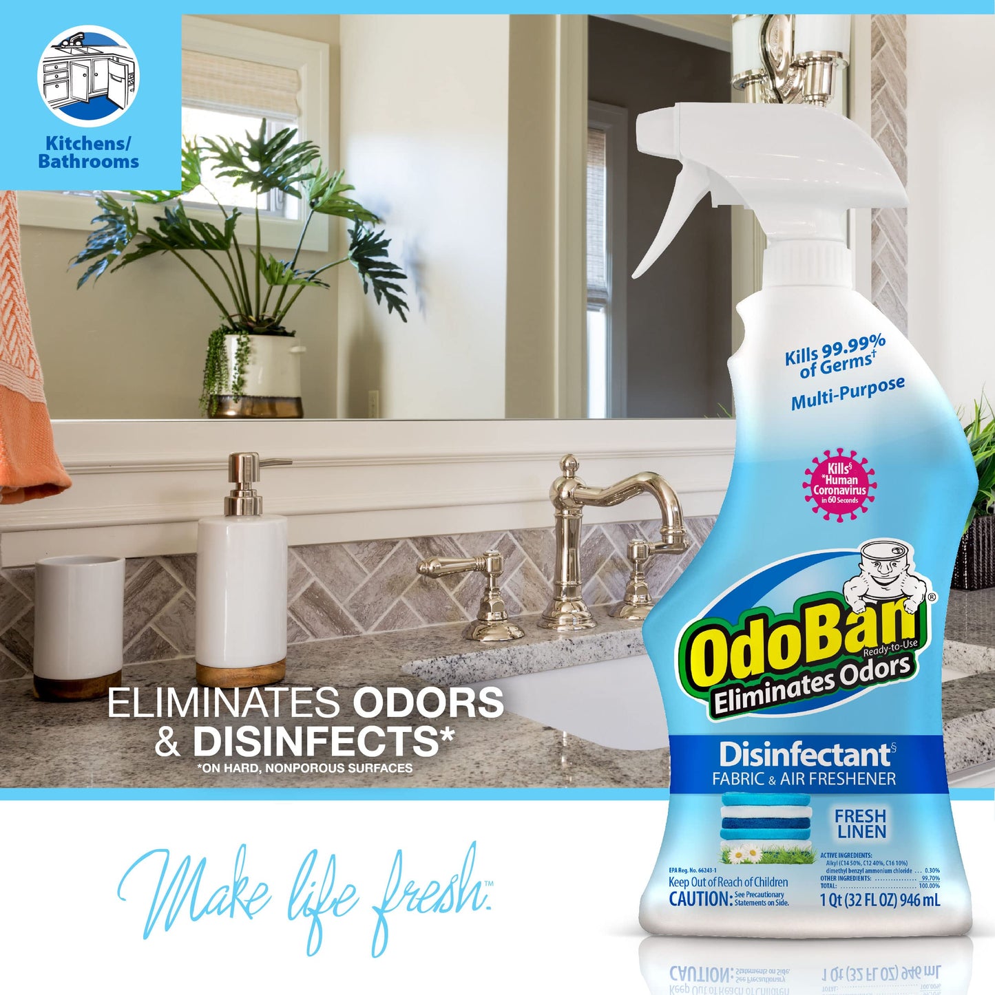 OdoBan Disinfectant and Odor Eliminator, Ready-to-Use 32 oz Spray Bottle and 1 Gallon Concentrate, Fresh Linen Scent