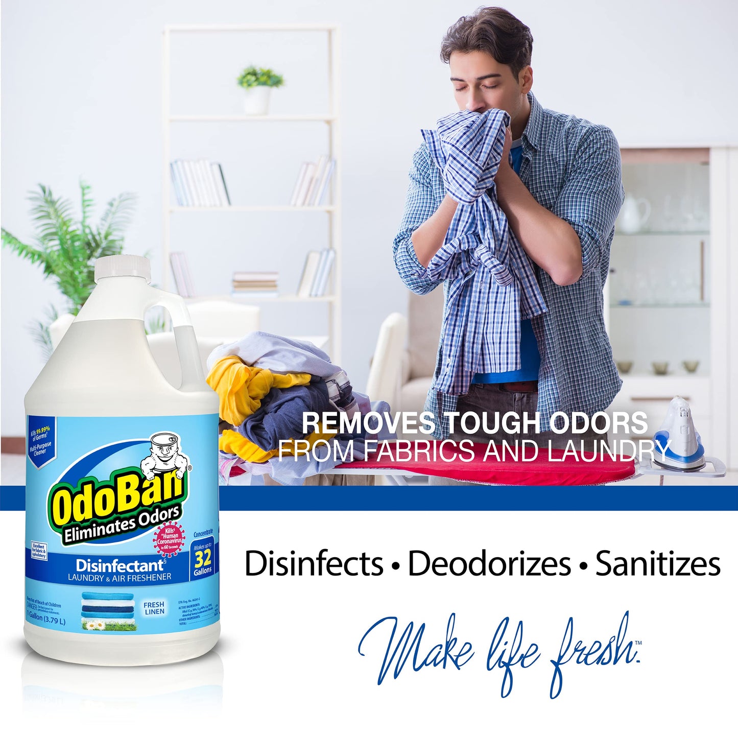 OdoBan Disinfectant and Odor Eliminator, Ready-to-Use 32 oz Spray Bottle and 1 Gallon Concentrate, Fresh Linen Scent