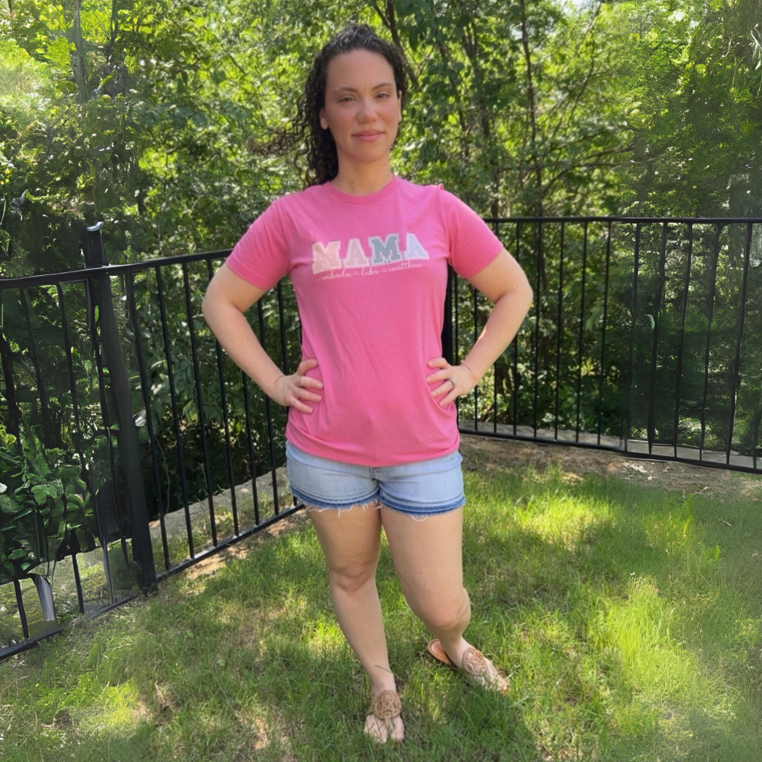 Mom wearing personalized Mama shirt with her children's names.